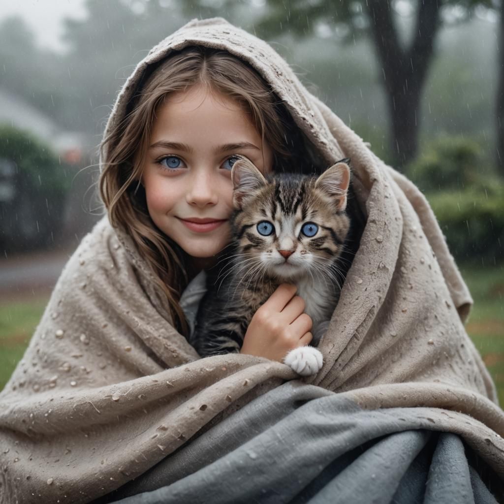 Girl Cuddles Kitten in Misty Rain: Photorealistic