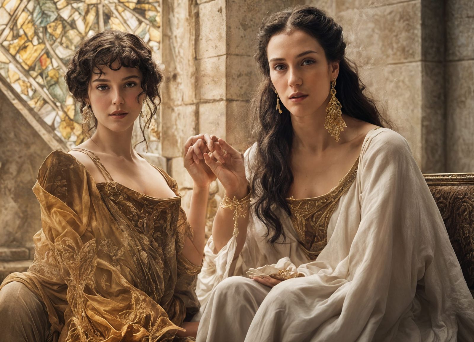 Renaissance Women Converse Over Coffee, Detailed Painting