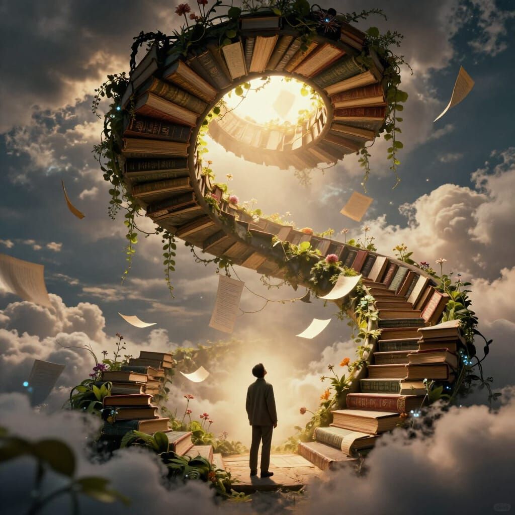 Ancient Book Staircase Ascends to Glowing Clouds