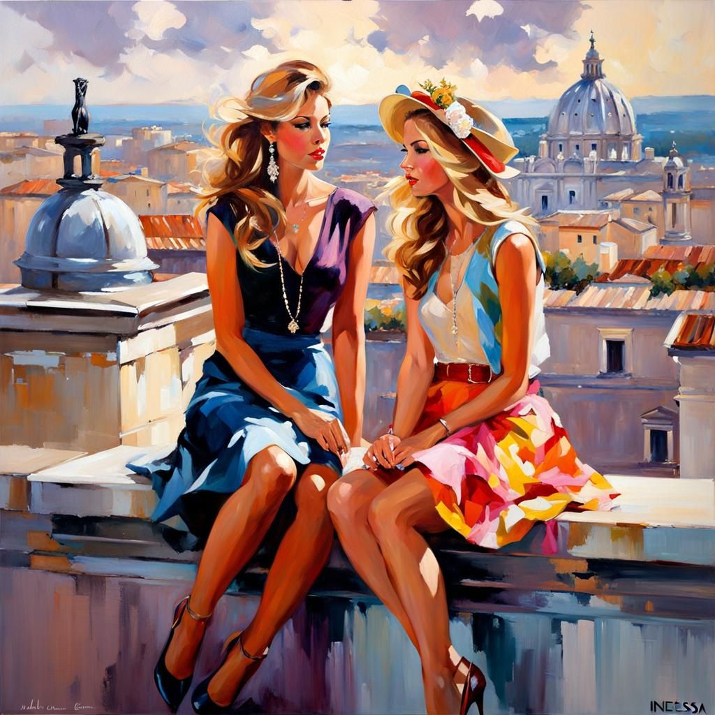 Ladies Admiring Rome, as Oil Painting