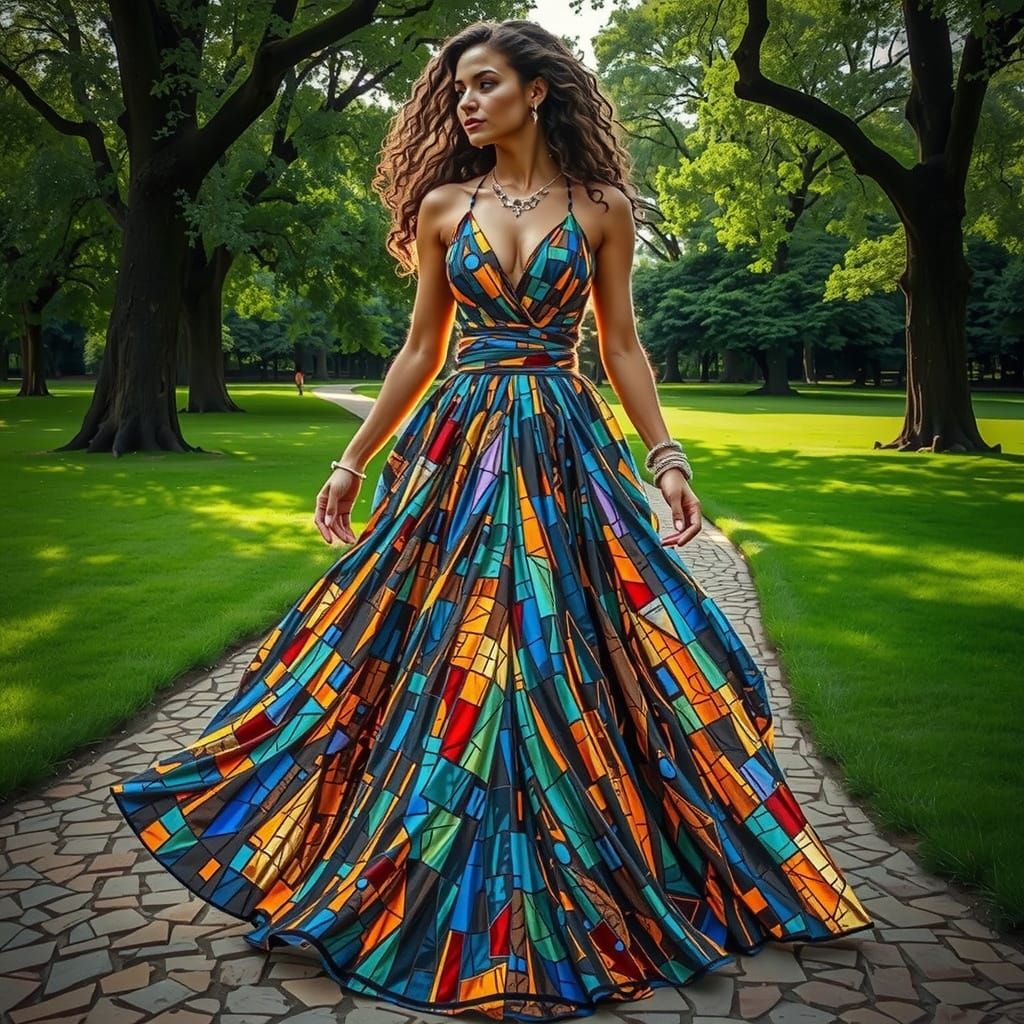 Woman in Vibrant Stained Glass Dress Walking Through Green P...