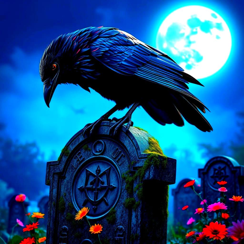 Hyper-Realistic Raven Under Blue Moon