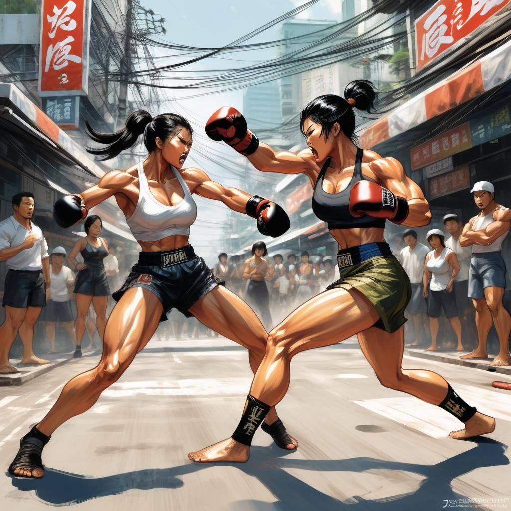 Intense Kickboxing Match in Bangkok Street as Comic Art