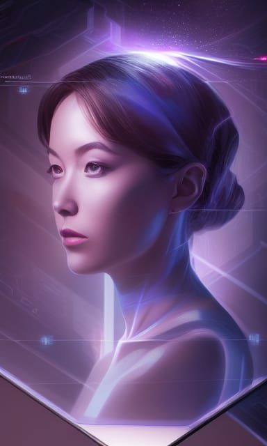 Artgerm, WLOP, Greg Rutkowski; "Beautiful and intelligent Woman interfacing with holographic computer display," Star Tre...