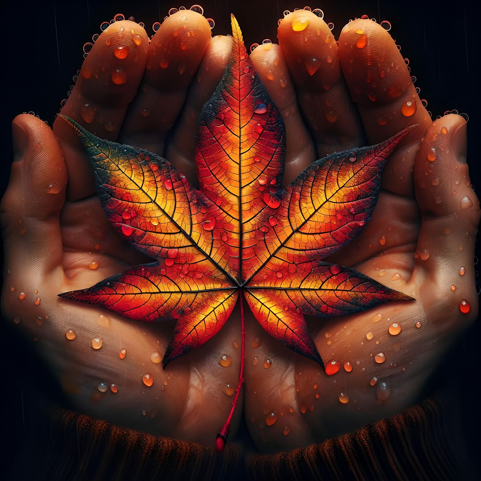Hands Cradling Autumn Leaf in Drizzle