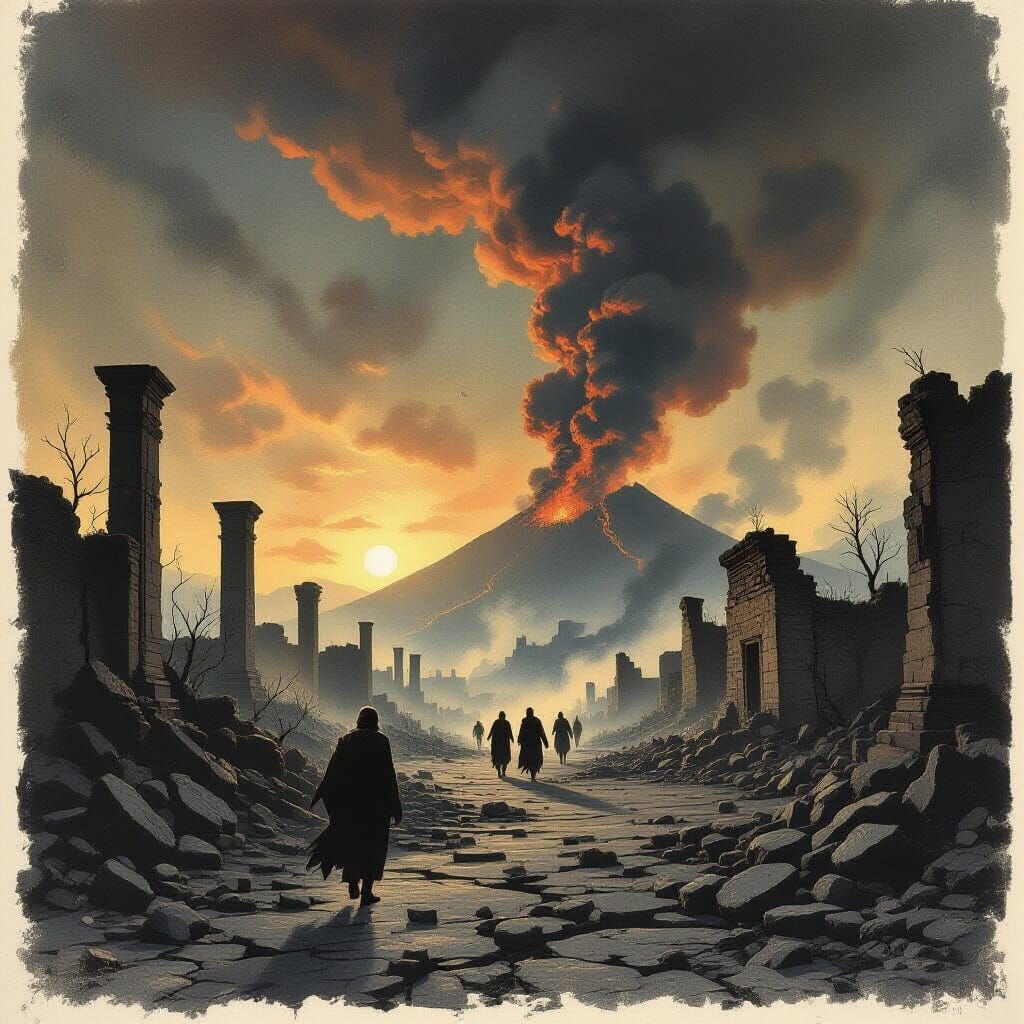 Devastated Pompeii Clearing in Dark Fantasy Style