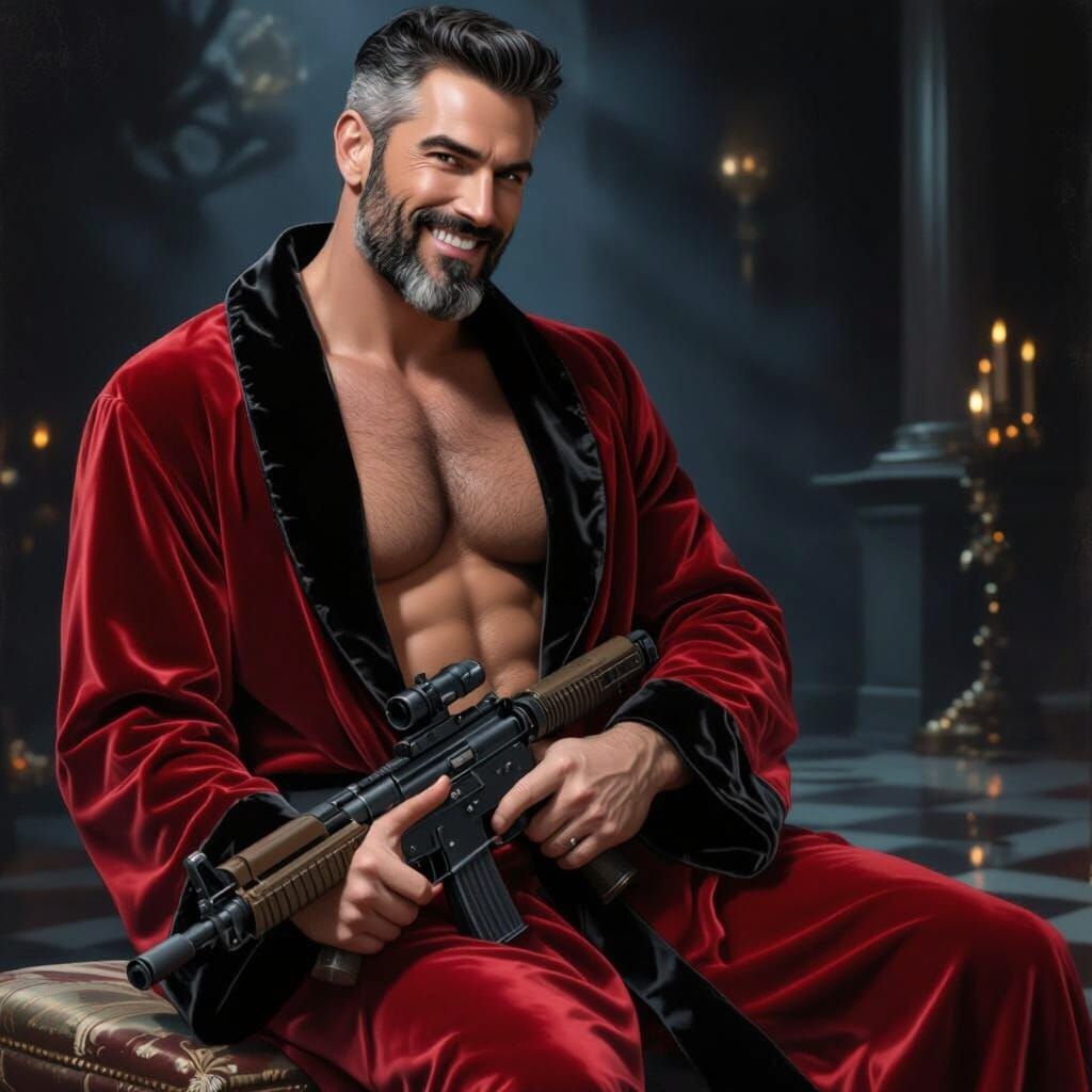 Elegant Gentleman in Velvet Robe Holding Machine Gun