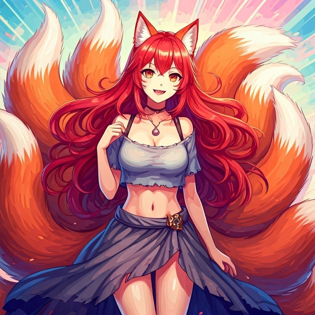 Nine-Tailed Kitsune Girl in Manga Style