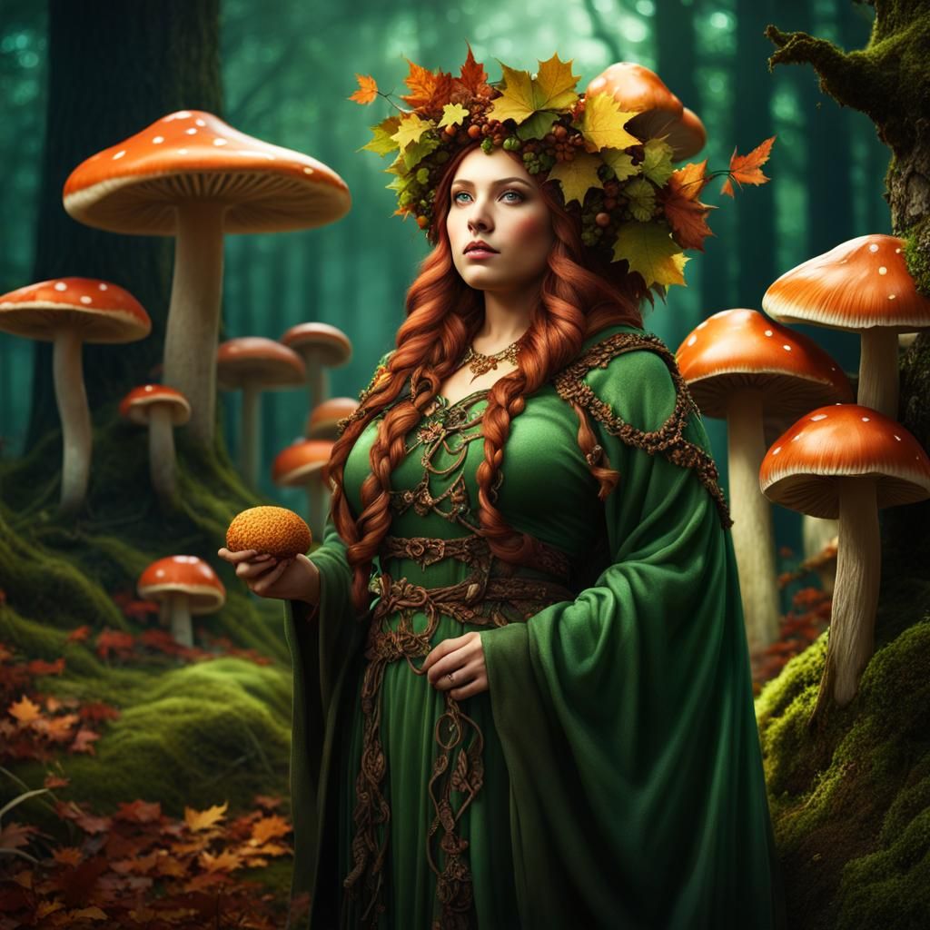 Plus-Size Fairy with Autumn Leaves in Fantasy Forest