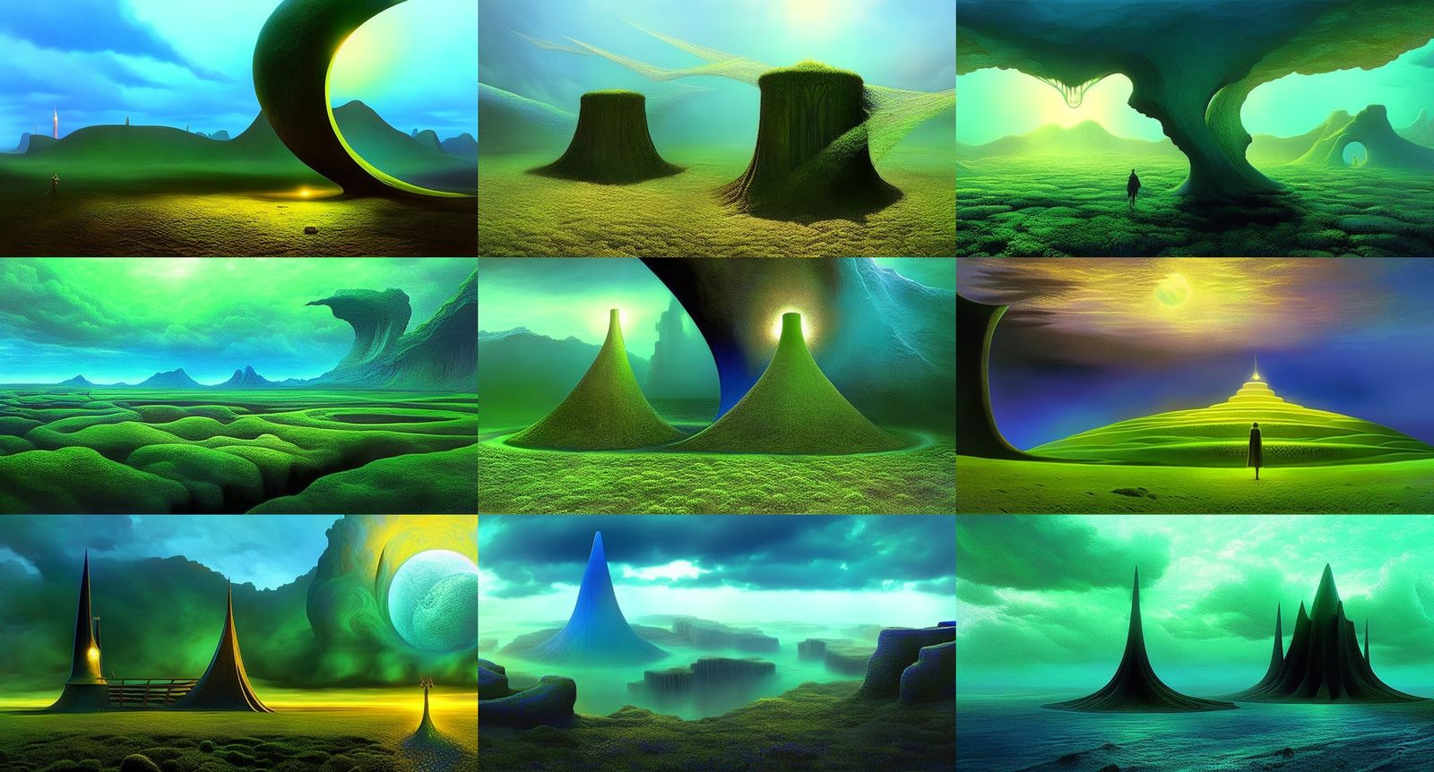 Surreal Green and Blue Landscape in Hyperrealistic Style