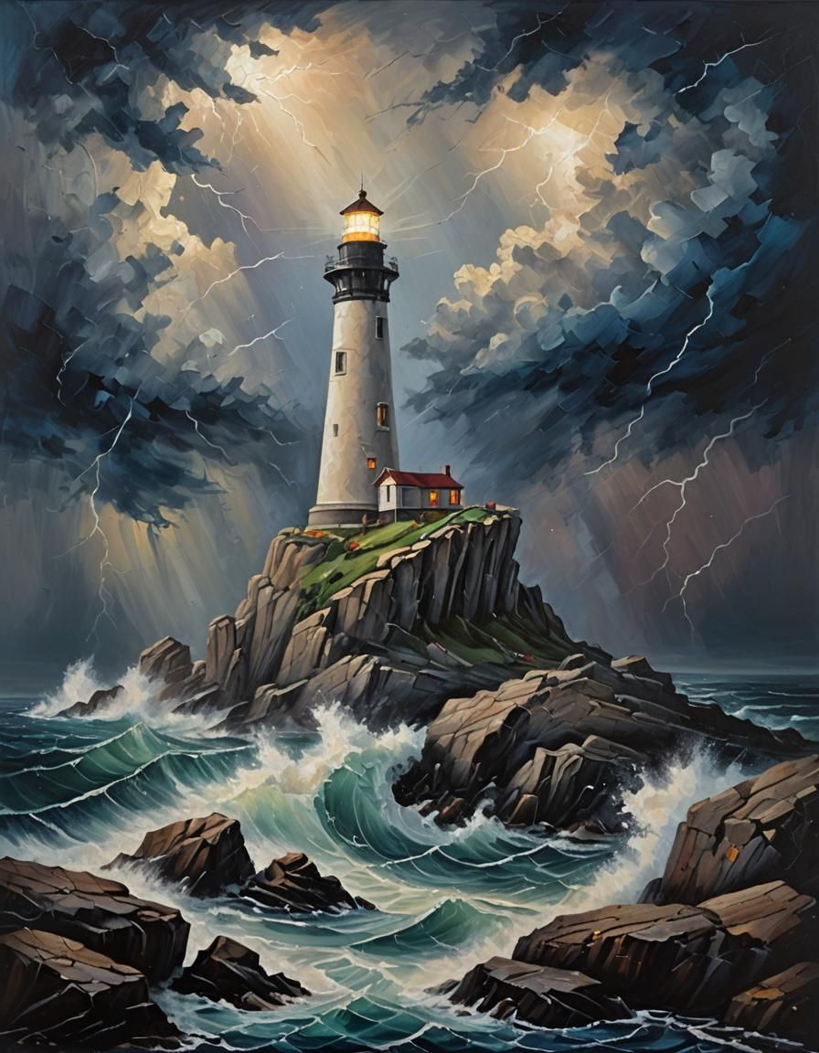 Lighthouse in Storm, Acrylic Impasto Painting