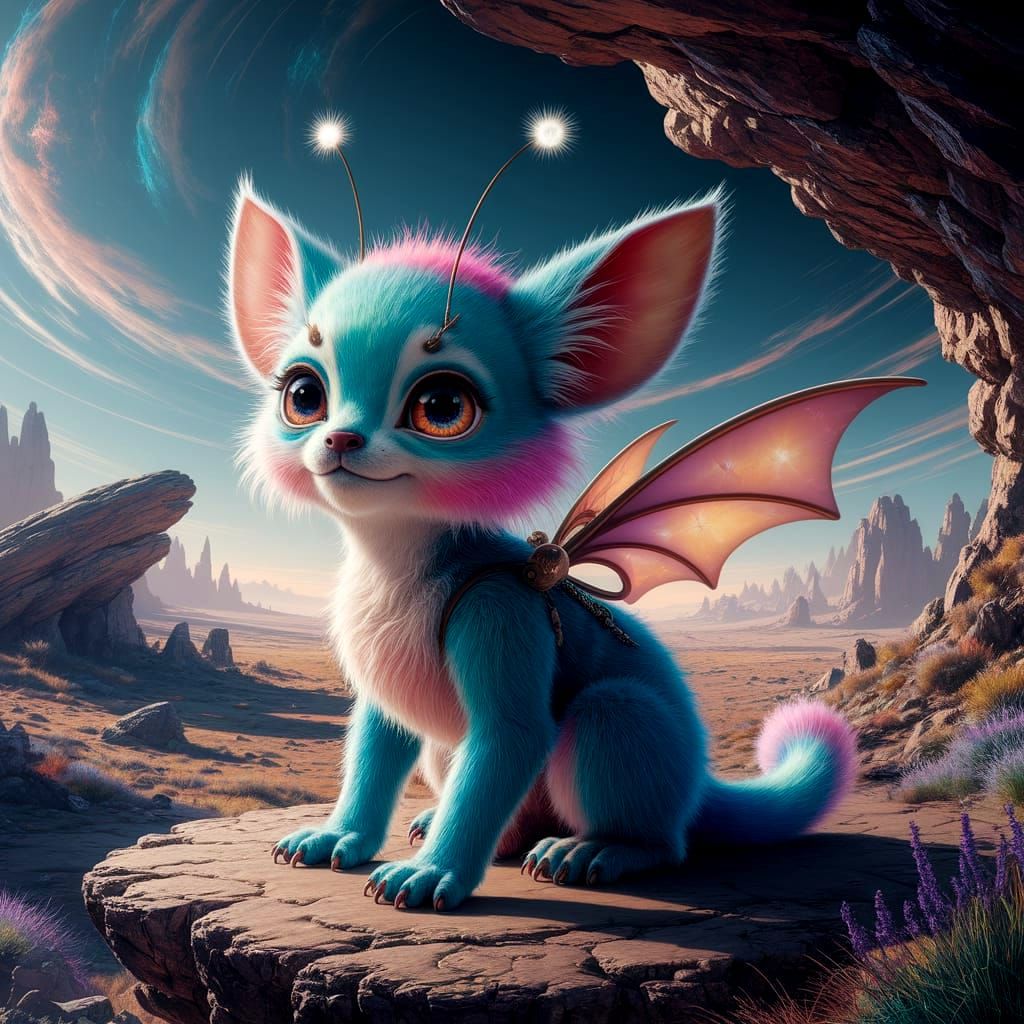 Fluffy Alien Creature Overlooking an Alien Landscape