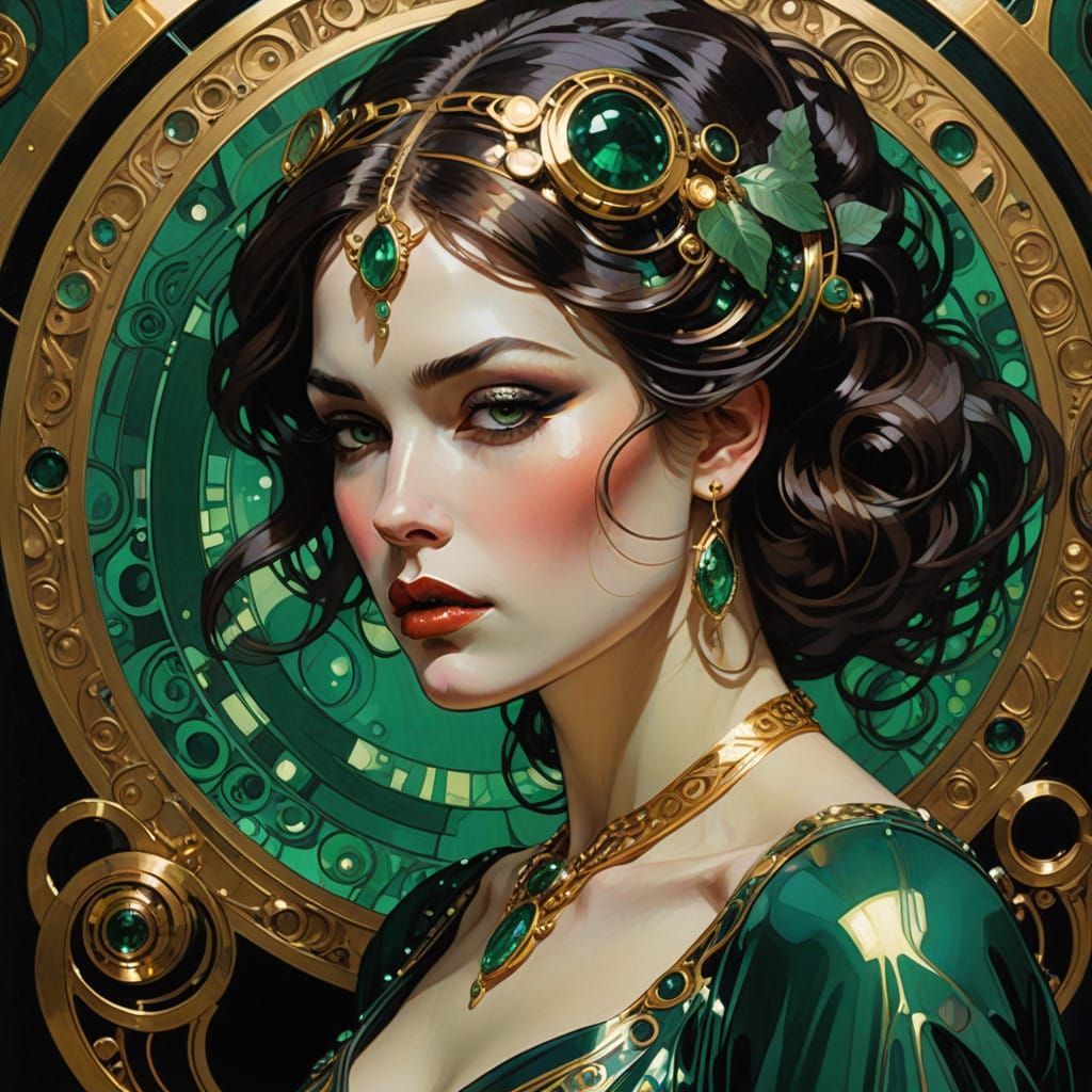 Mysterious Emerald-Lipped Woman in Art Nouveau-Inspired Mast...