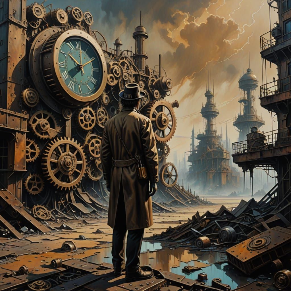 Steampunk Cityscape with Melting Clock in Surreal Oil Painti...