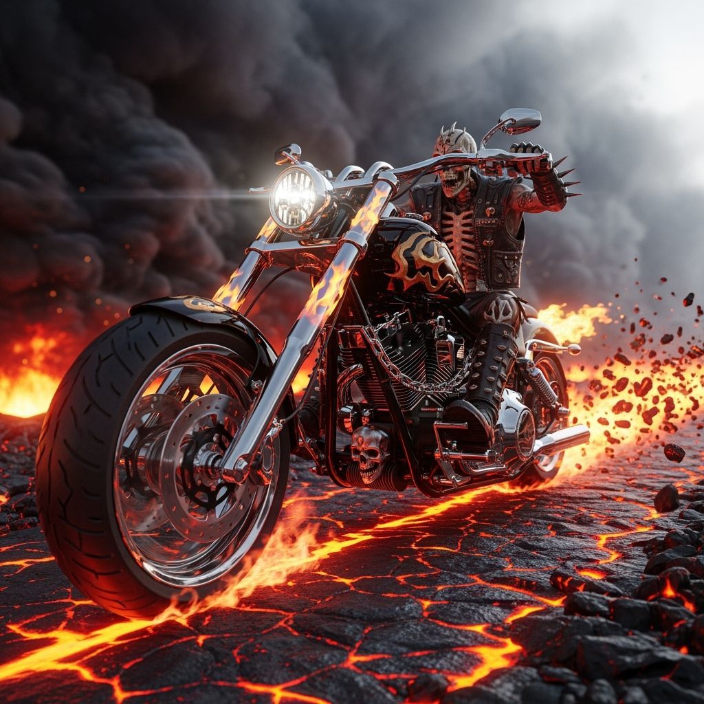 Skeletal Rider Escapes Hell on Flaming Chopper