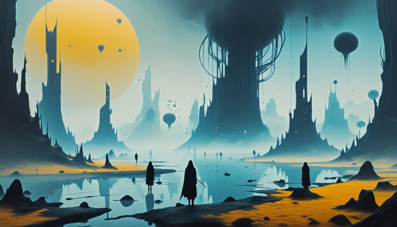 Dreamlike Figures Emerge in Surreal Landscape