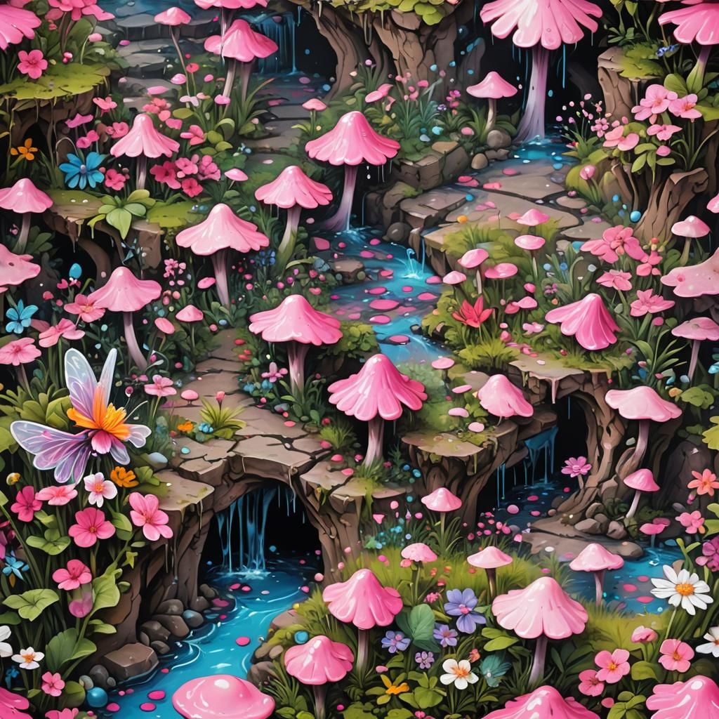 Colorful Pink Fairy Garden Graffiti Art