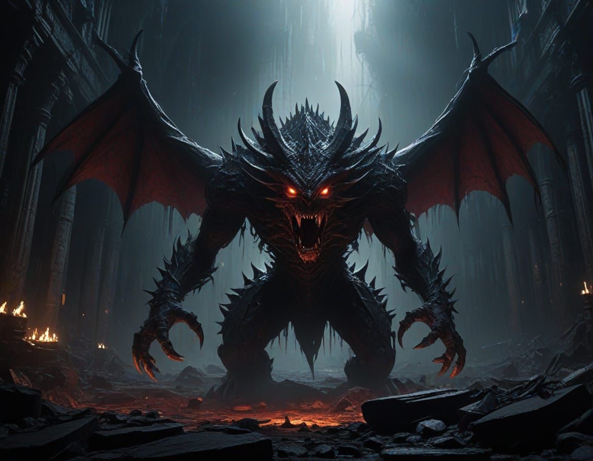 Shadow Monarch in Ruined Cathedral, Dark Fantasy Cinematogra...