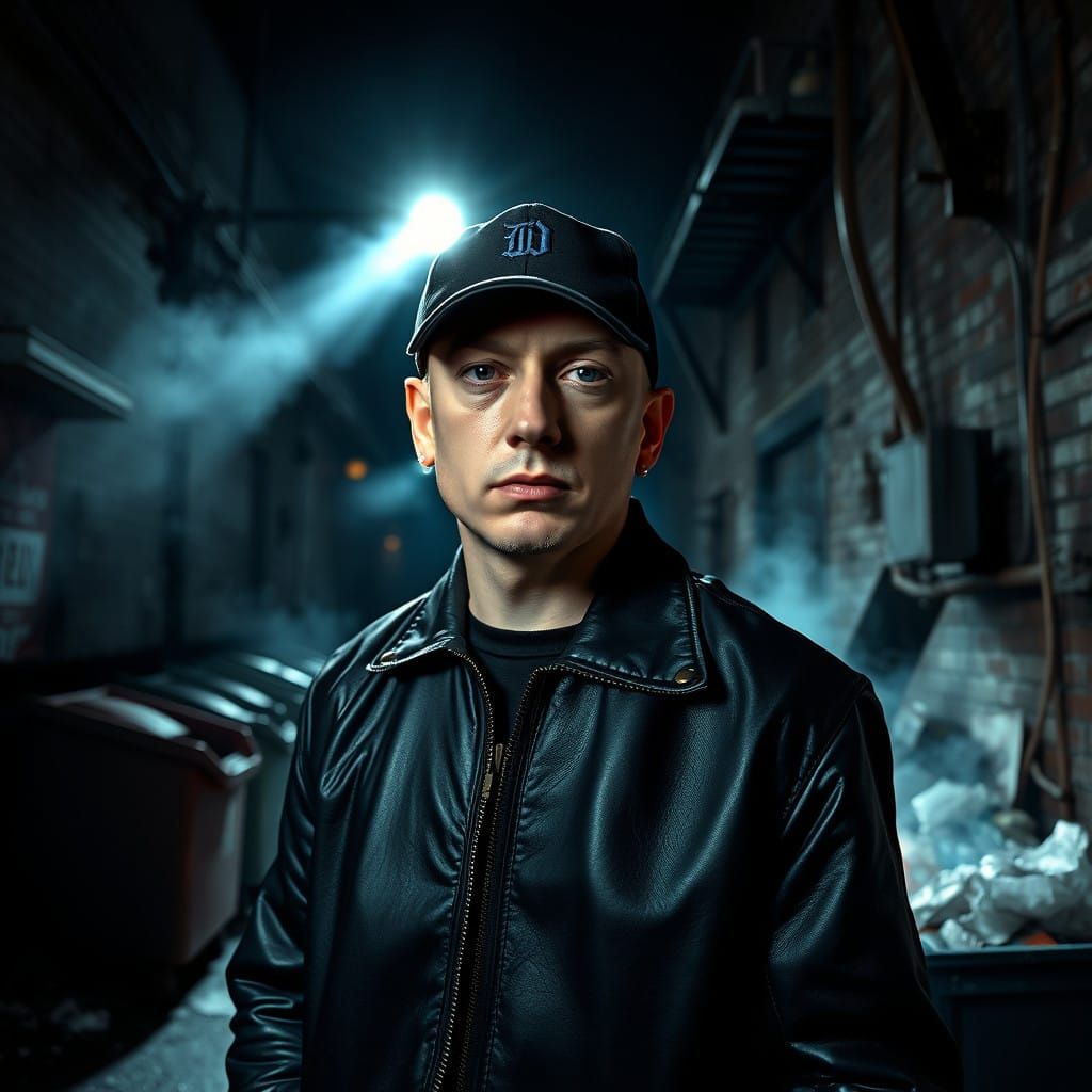 Rugged Eminem in Smoky Detroit Alleyway
