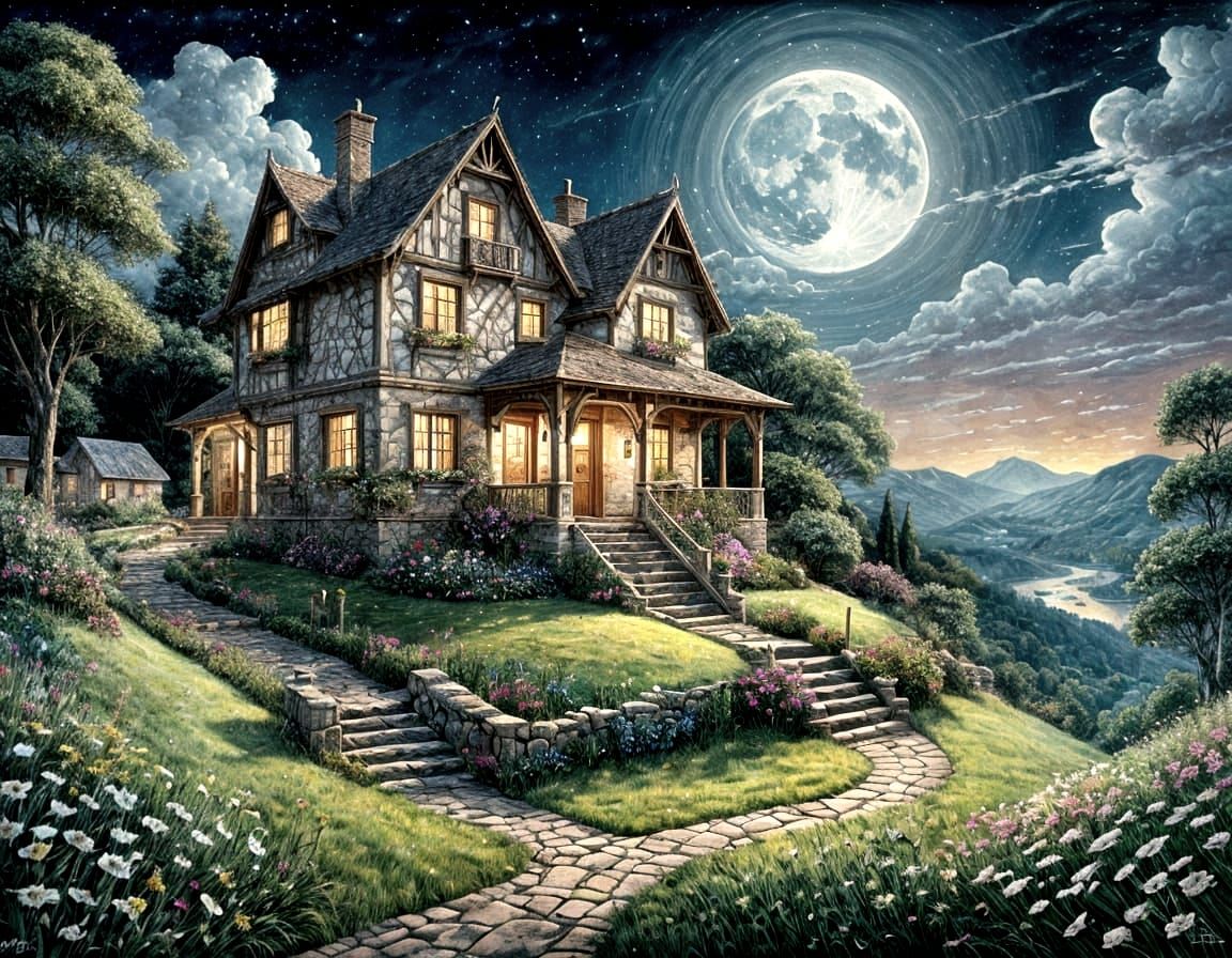 Whimsical Fantasy Cottage Under Moonlit Skies