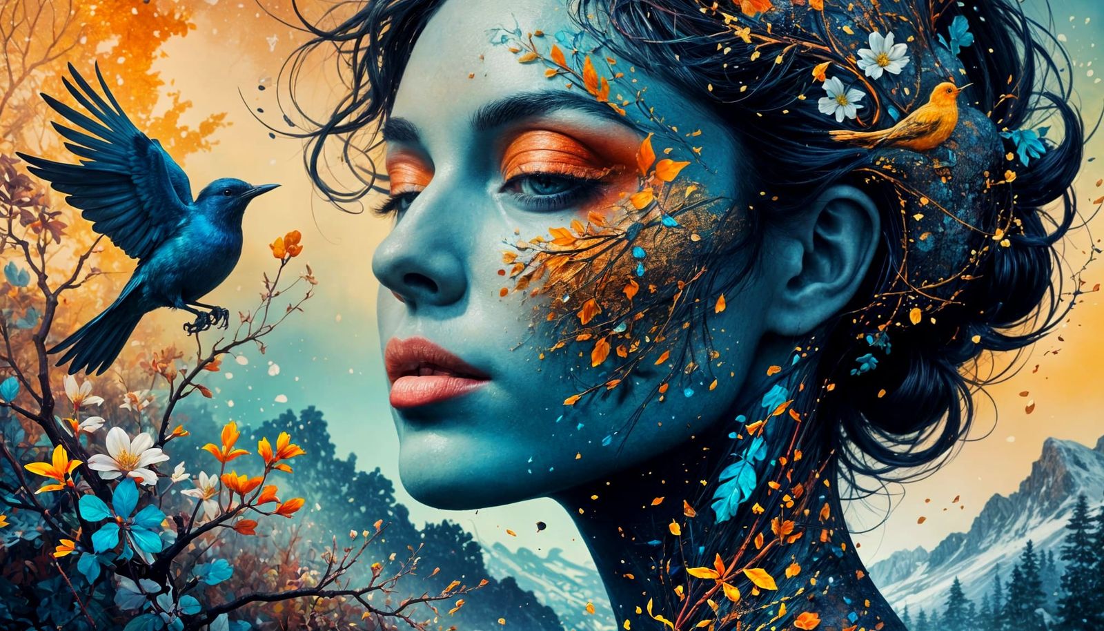 Winter and Spring Face in Art Nouveau Style