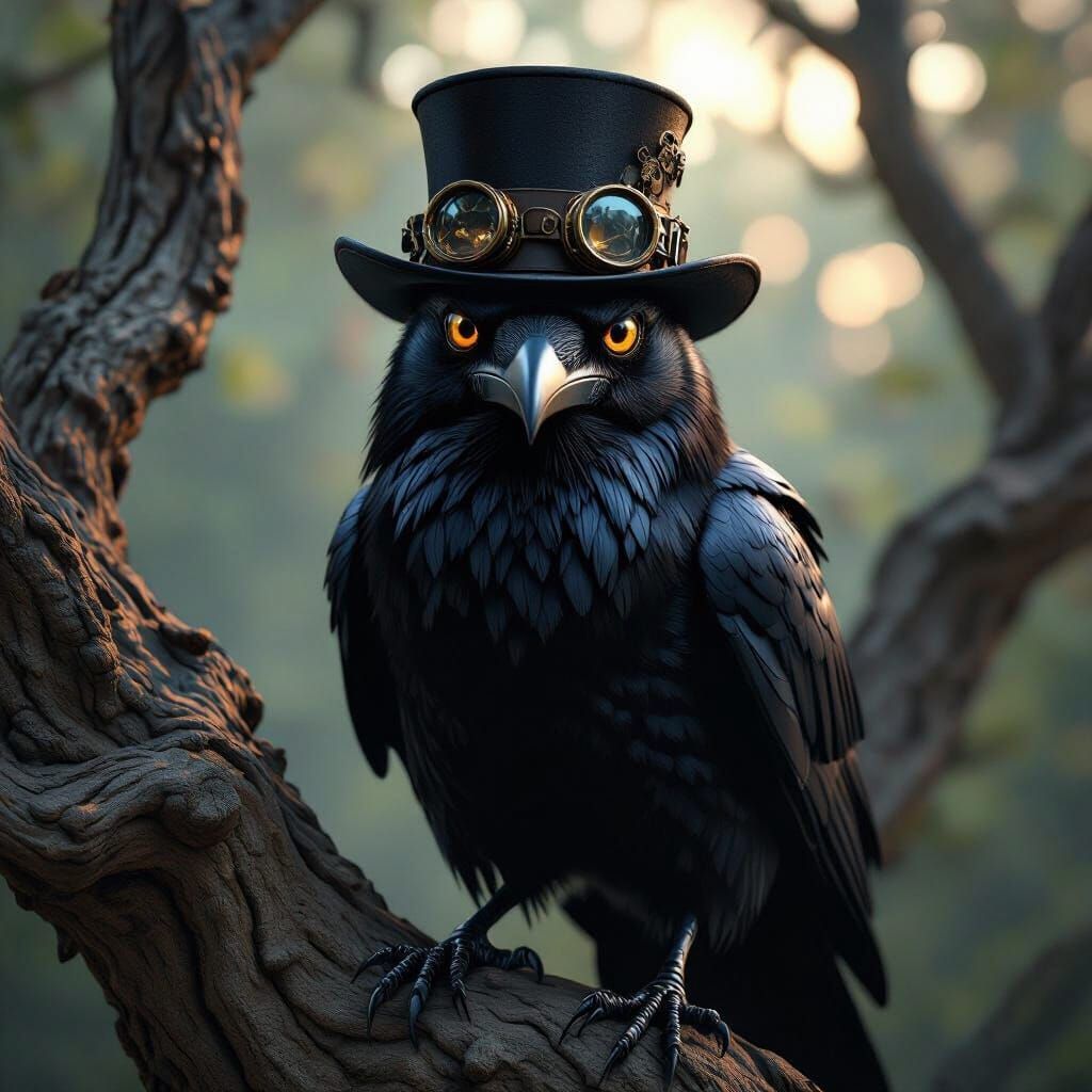 Hyperrealistic 3D Raven in Steampunk Hat Optical Illusion