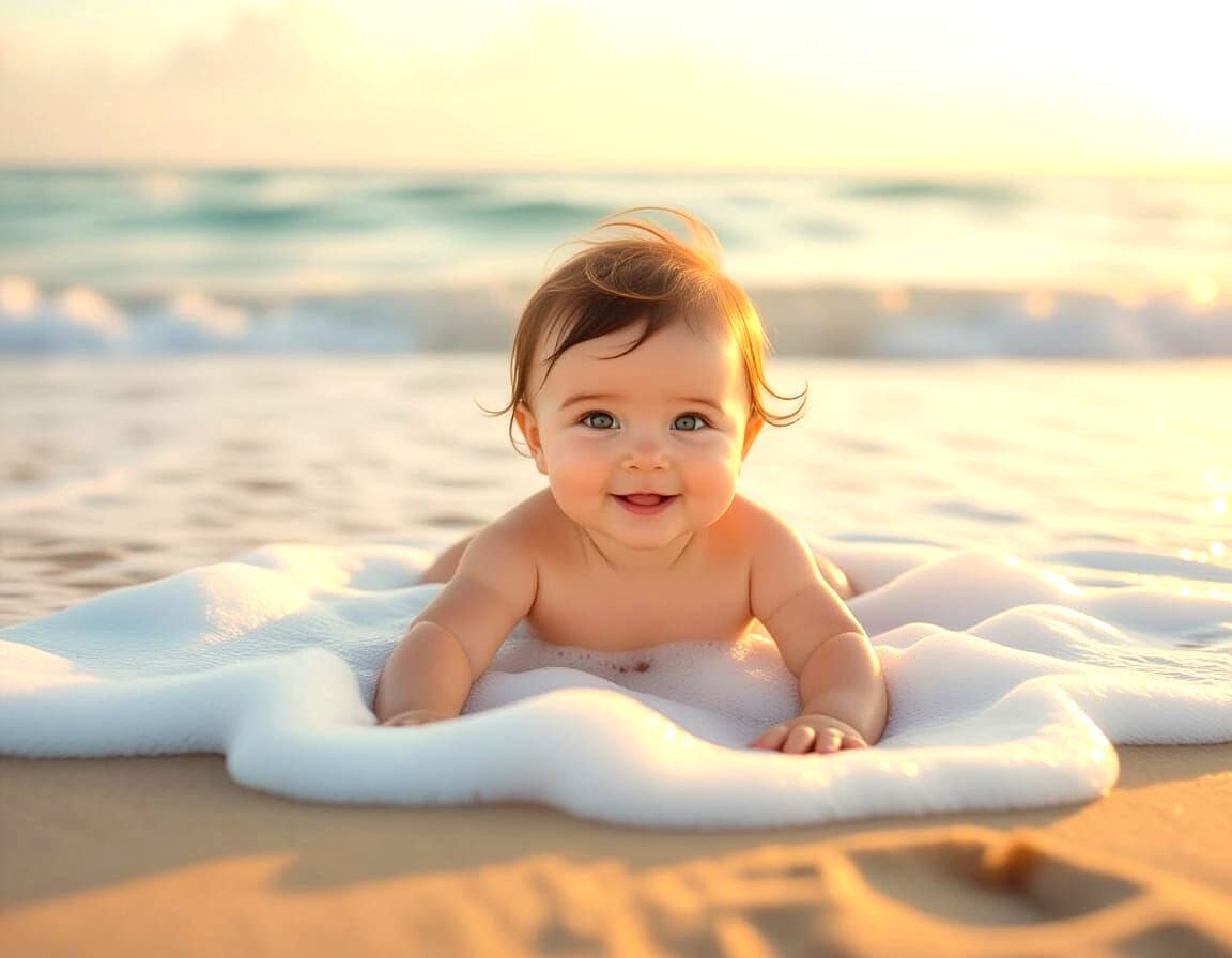 Joyful Baby at Golden Hour on Serene Beach