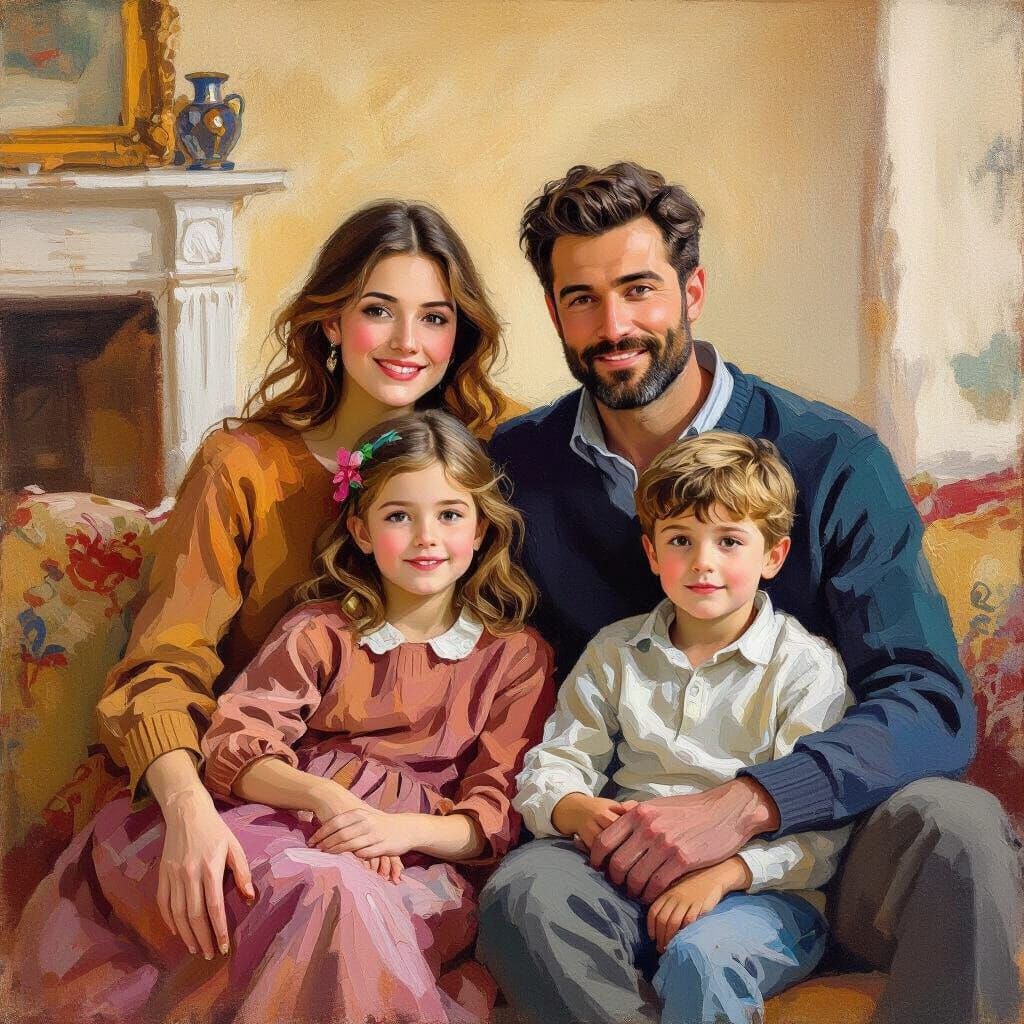 Cozy Family Portrait in Impressionistic Style