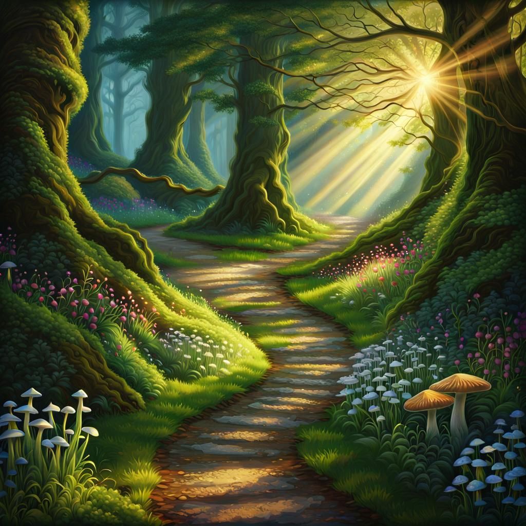 Enchanted Forest Path with Fairy Lights in Ethereal Painting