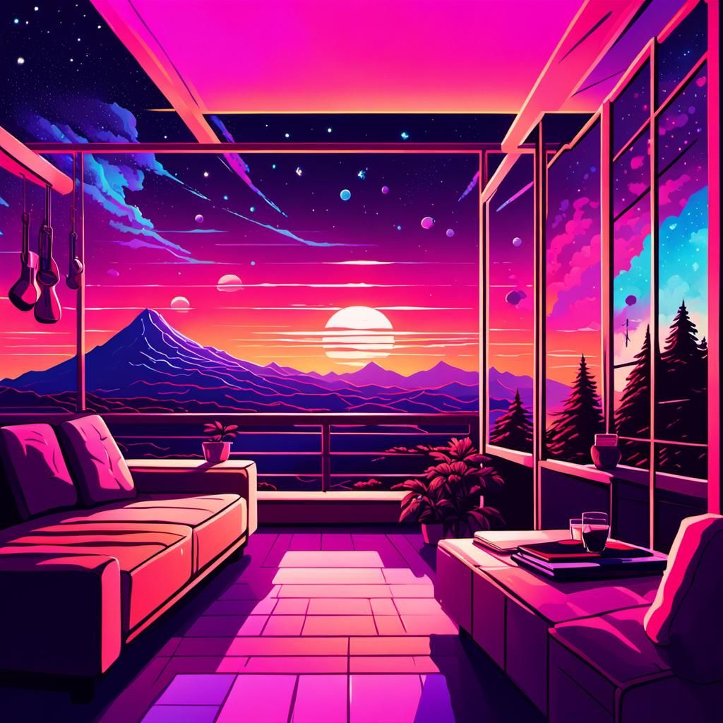 Cosmic Sunset Panorama in Retro Synthwave Style
