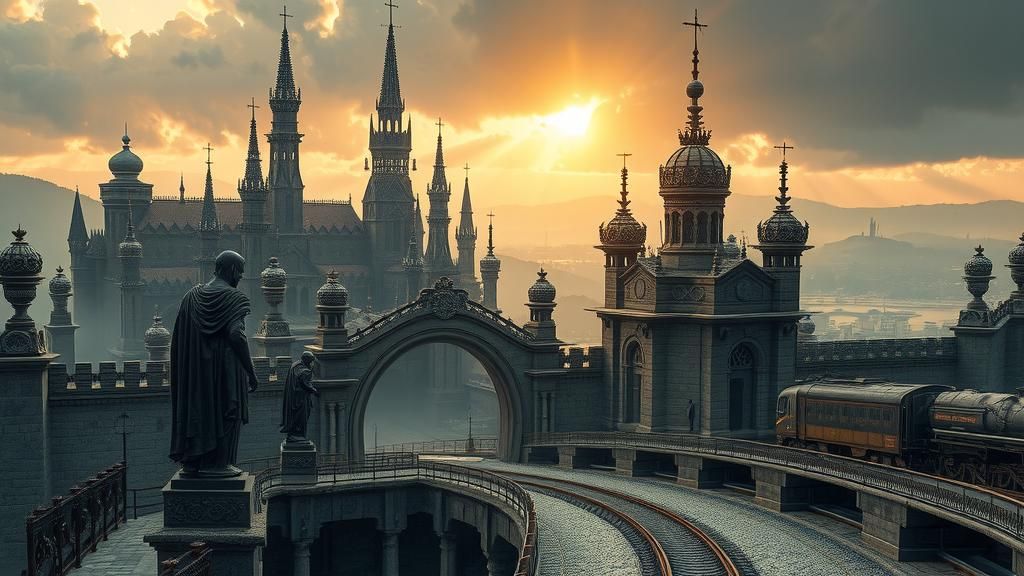 Mystical Dream City with Sinister Spires and Ethereal Glow