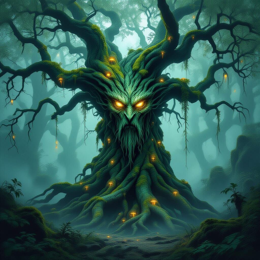 Ancient Tree Spirit in Misty Forest