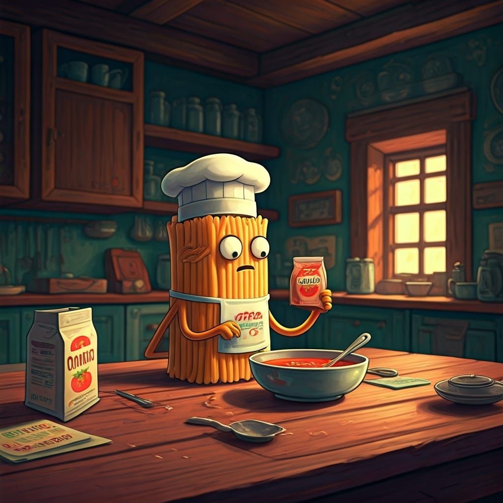 Cartoon Pasta Chef Making Soup in Oil and Ink
