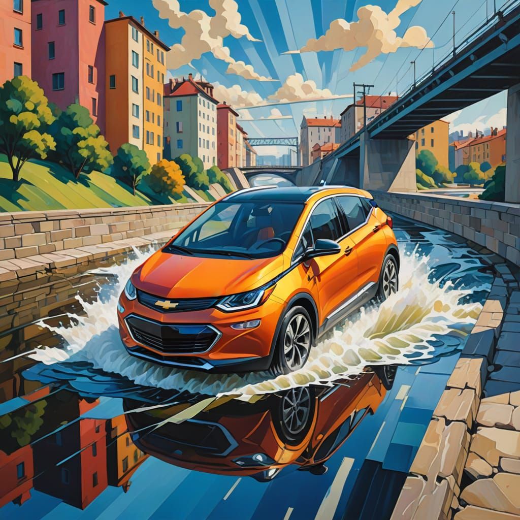 Chevy Bolt Cubism Masterpiece on River Bridge