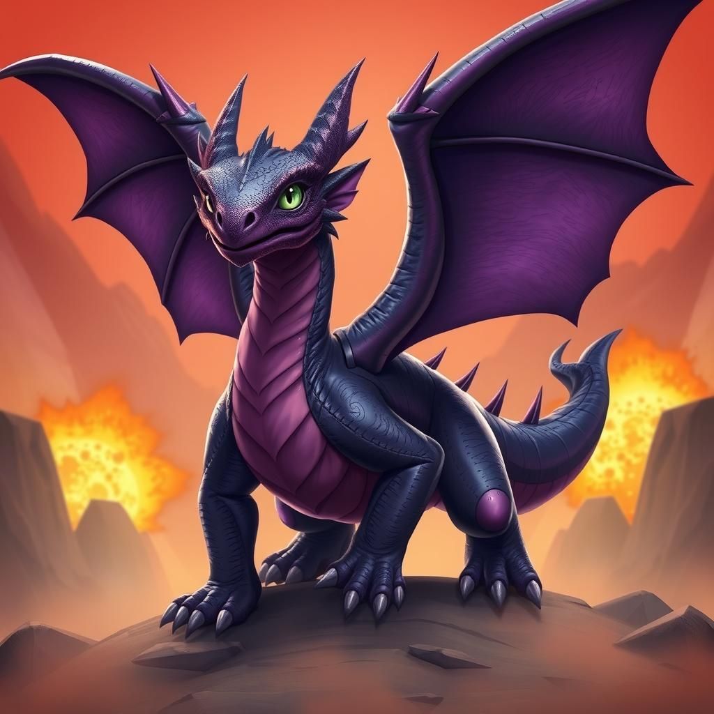 This reserved adult female dragon is large and a bit pudgy.  She has a medium-length vivid purple and dark gray leathery...