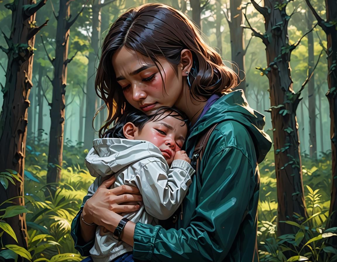 Emotional Mother and Child Illustration in Forestscape
