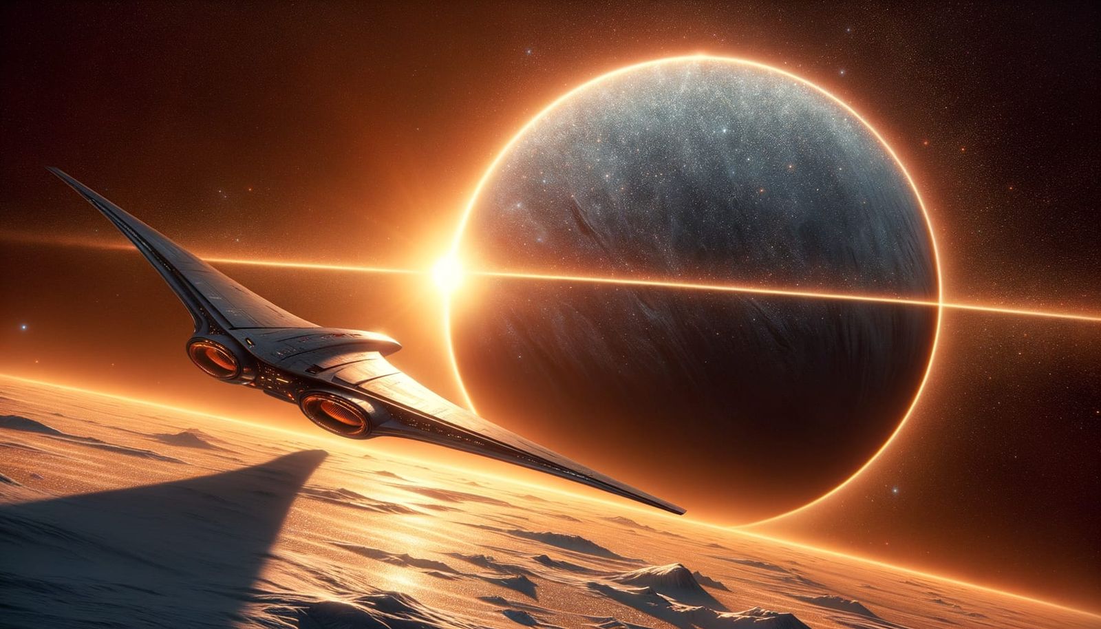 Colossal Starship Orbits Ice Planet Under Orange Sun