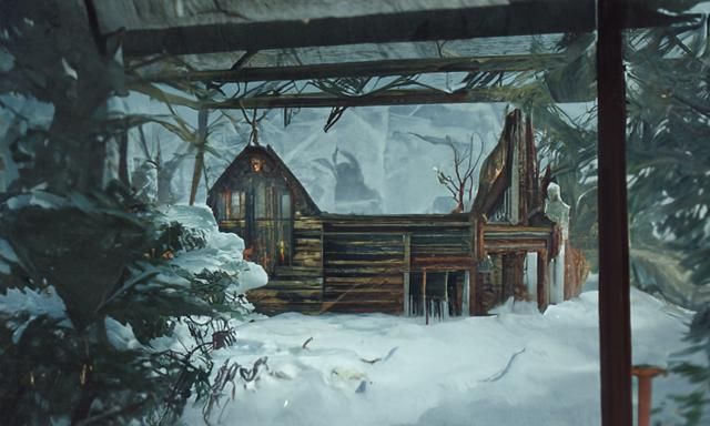 Snowy Cabin in Sinister 3D Oil Painting