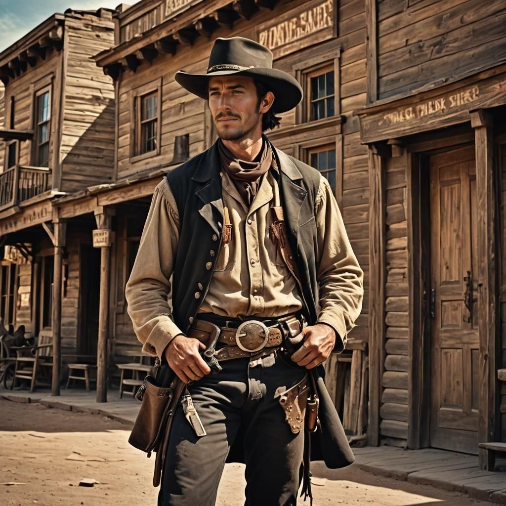 Young Cowboy in Old West Town: Cinematic Film Still