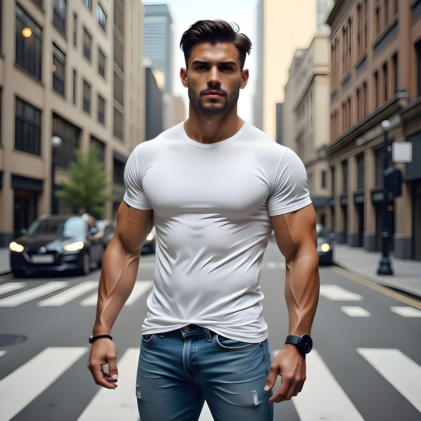 Muscular Man on City Street in White T-Shirt
