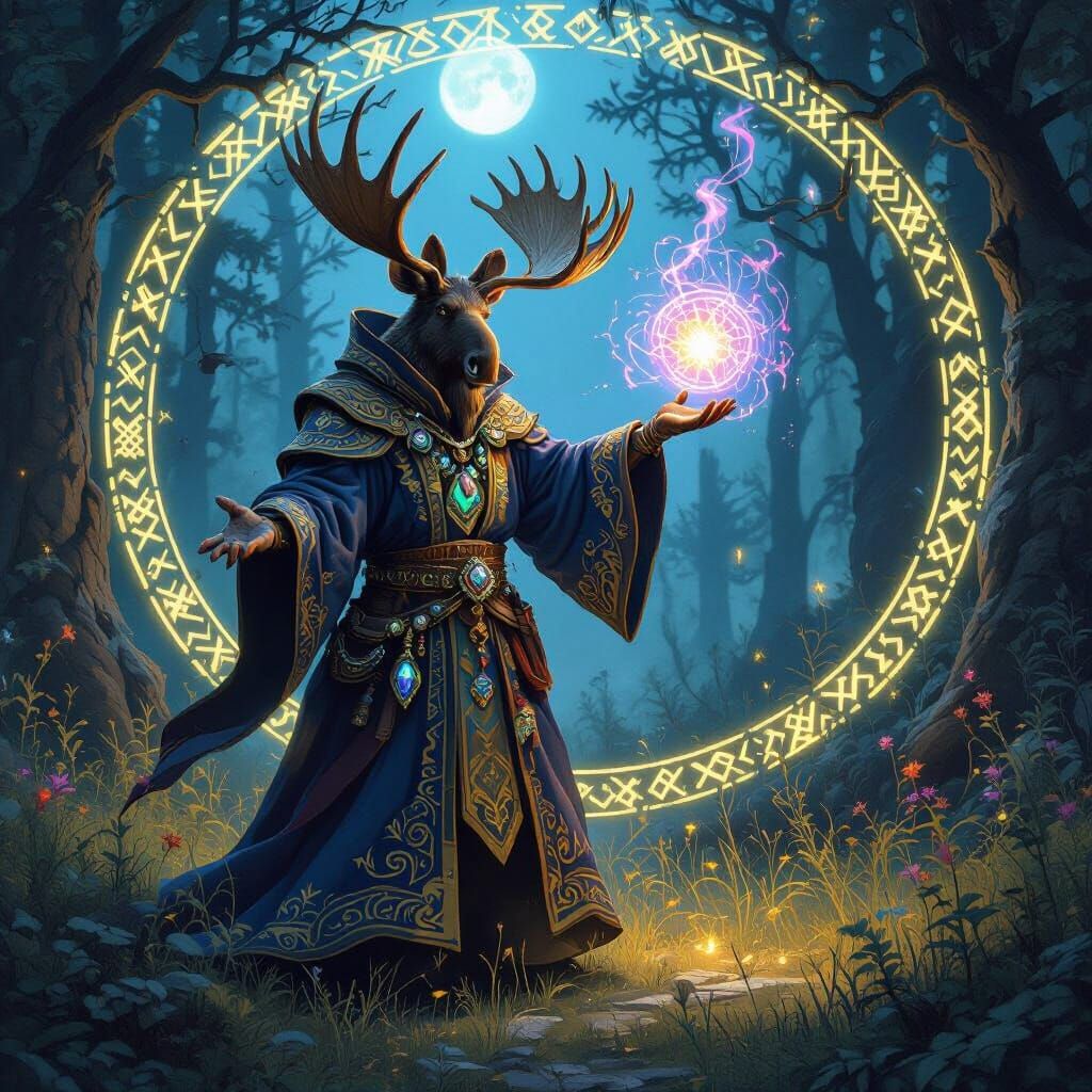 Moose Mage Casting Spell in Moonlit Forest
