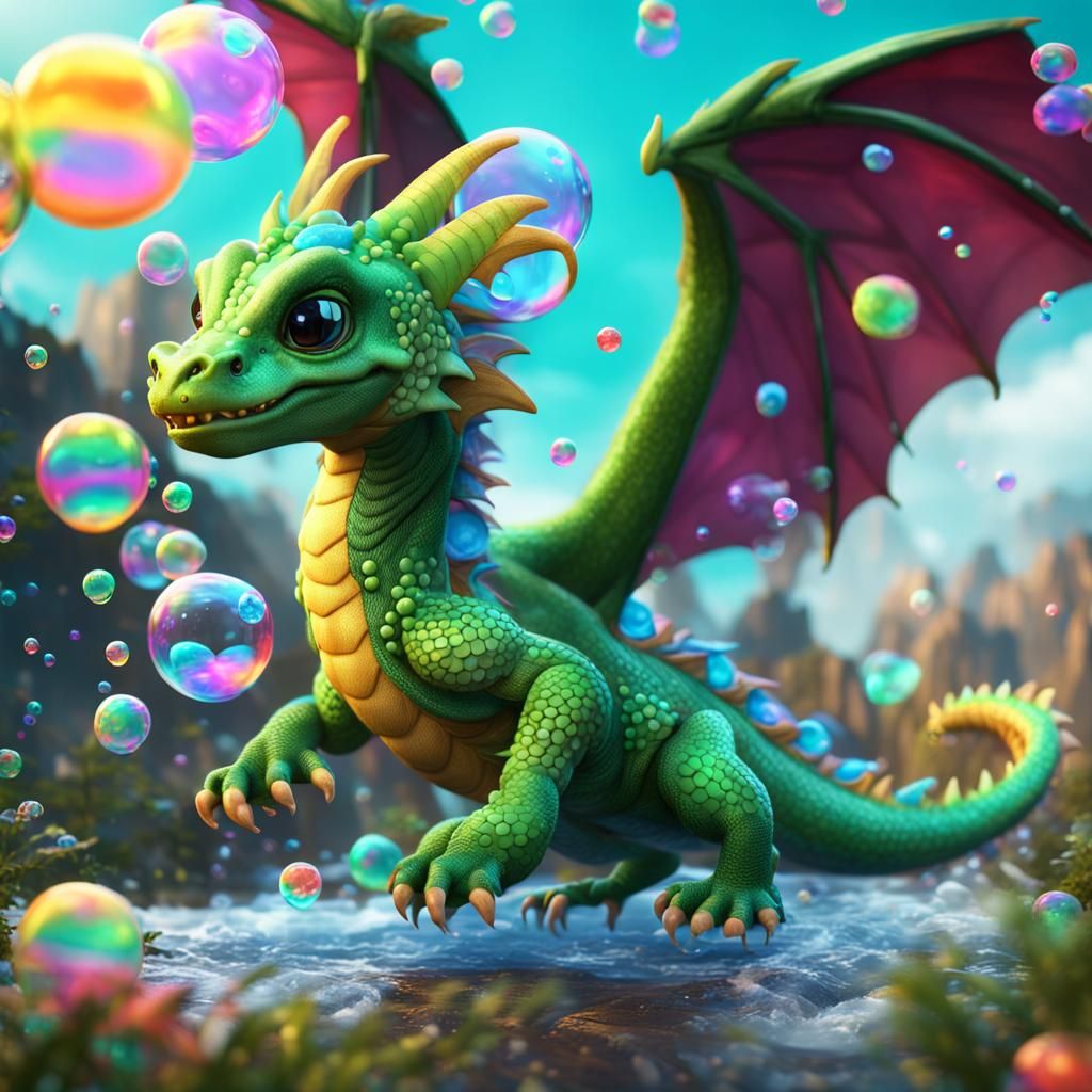 Baby Green Dragon with Bubbles: Fantasy Art