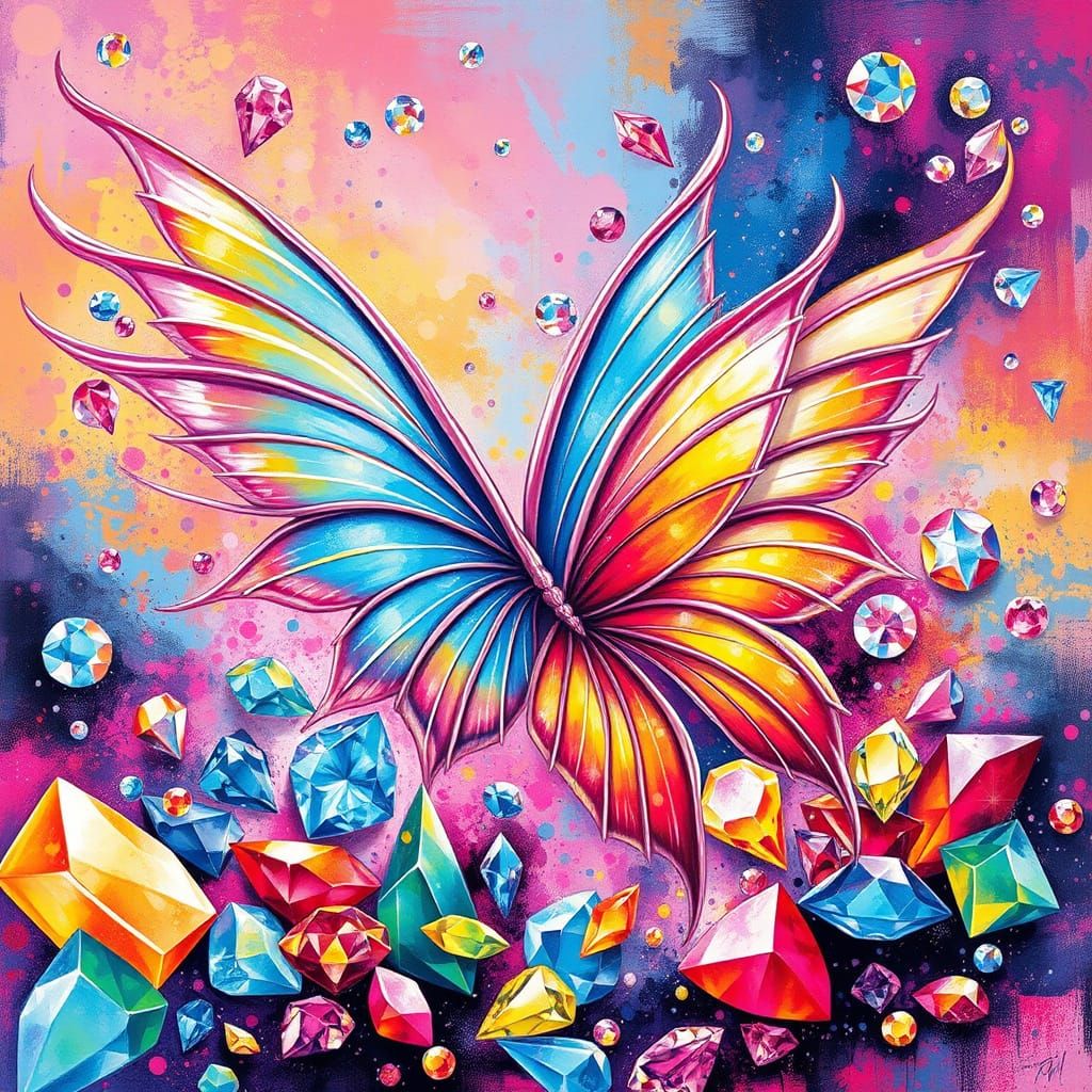 Wings and Crystals in Graffiti Splash Art Style