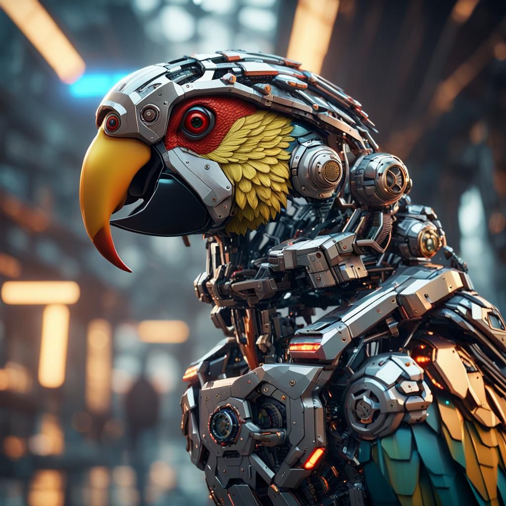 Futuristic Pet Cyborg Parrot in Sci-Fi Style