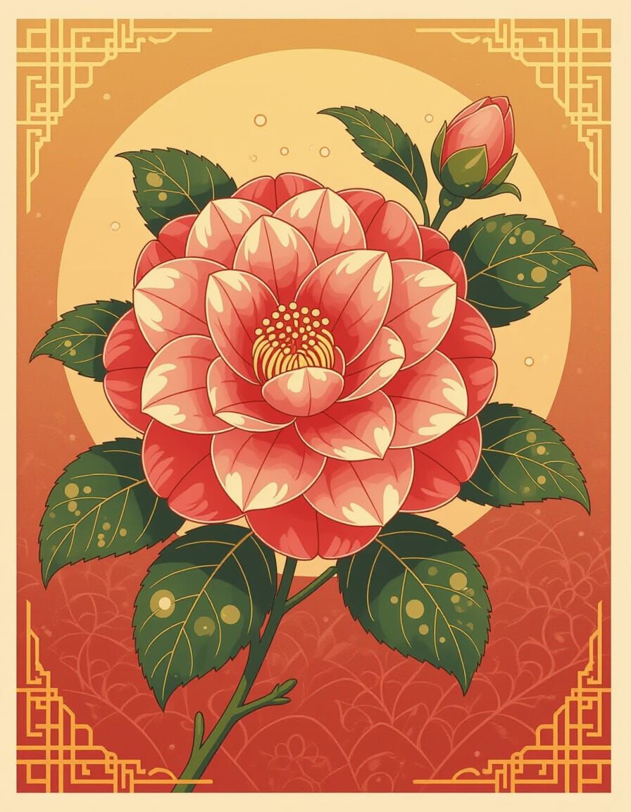 Vintage Anime Camellia Flower with Geometric Patterns