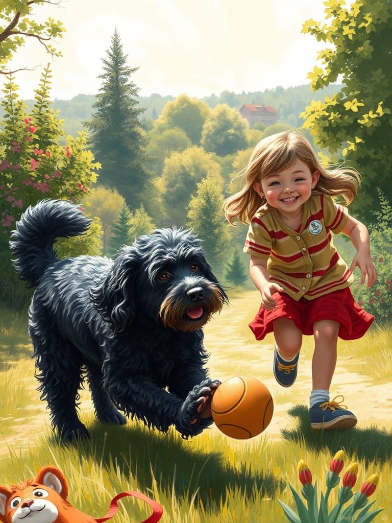 Playful Mix-Breed Dog Chases Teenage Girl in Sunlit Landscap...