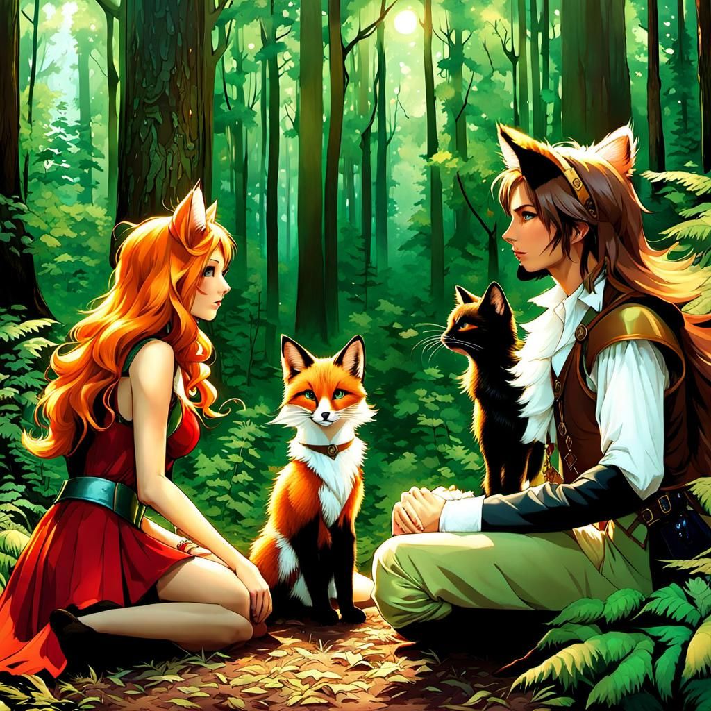Fairy, Cat, and Fox in Mystical Fairycore Forest