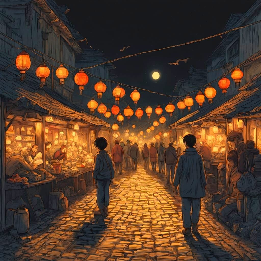 Glowing Night Market in a Bustling Village