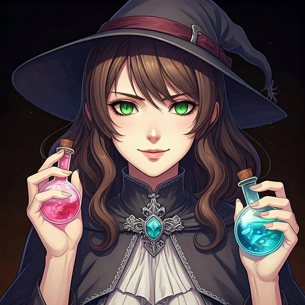 Enigmatic Woman with Magic Potions, Anime Style