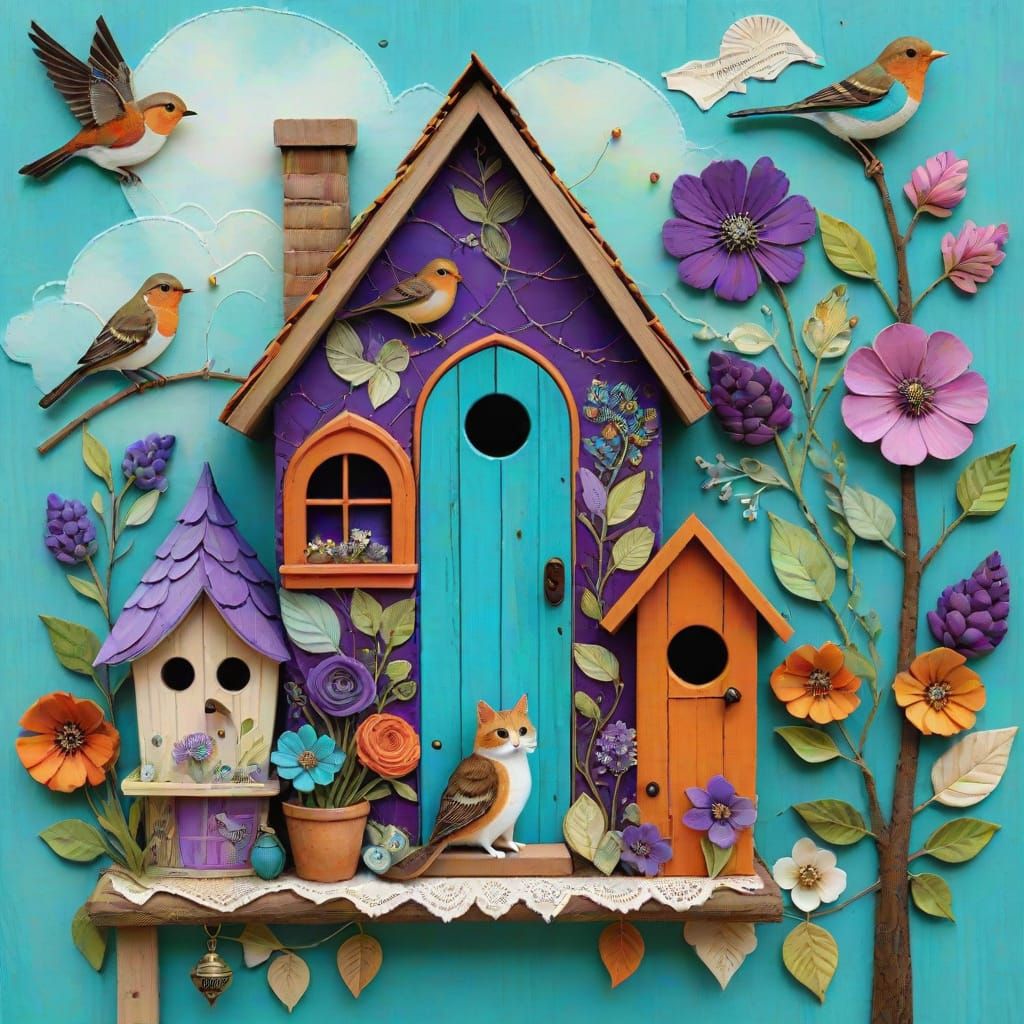 Vibrant Whimsical Village Scene with Cat and Mouse